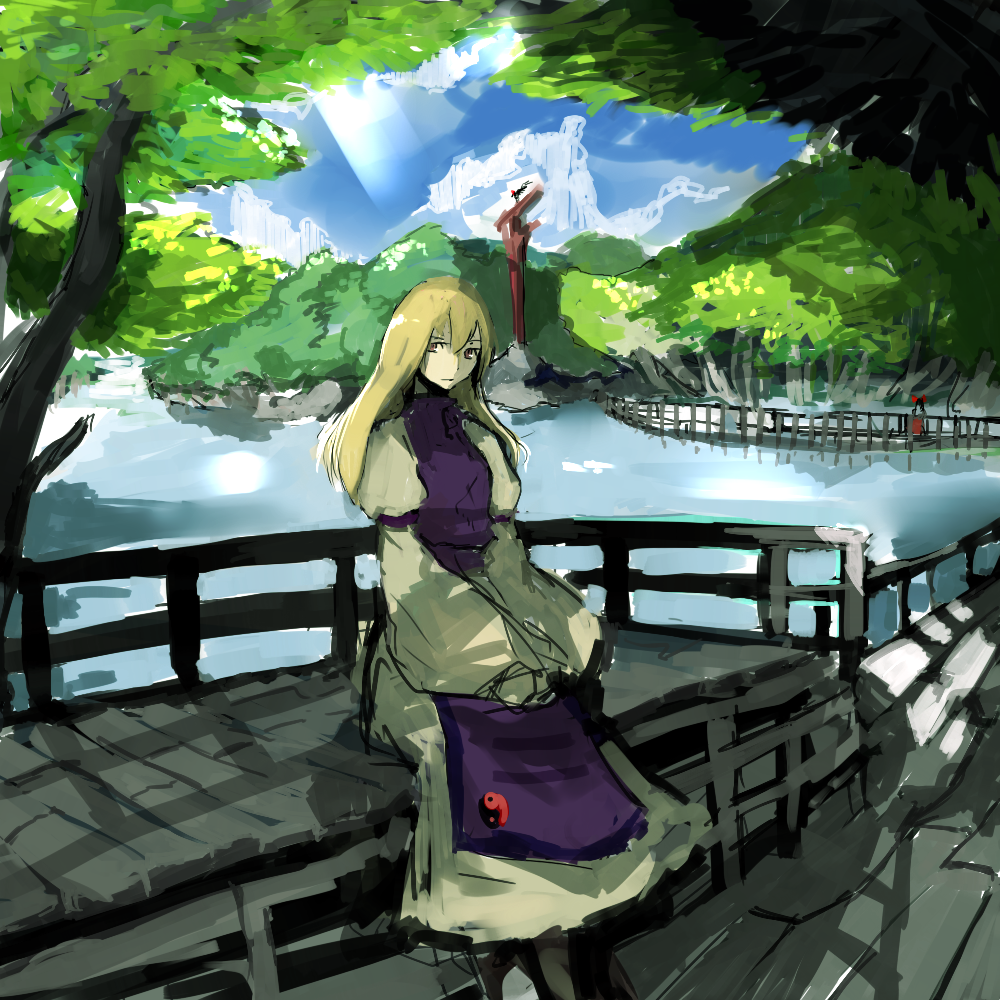 un-known (ninesix), hakurei reimu, shameimaru aya, yakumo yukari, touhou, bad id, bad pixiv id, 3girls, blonde hair, chair, day, female focus, long hair, multiple girls, ribbon, scenery, sky, tabard, tree, water