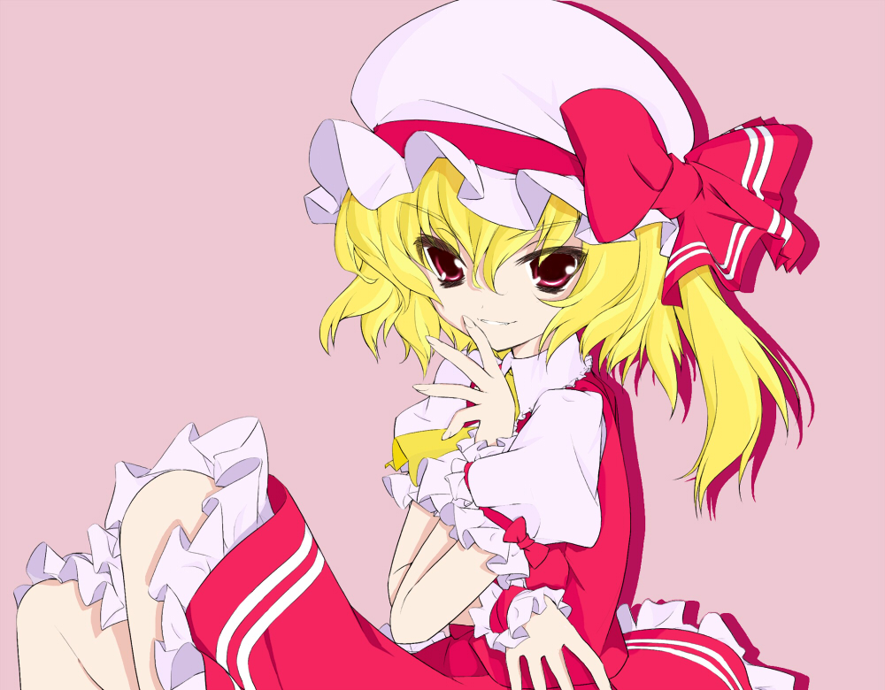 gotou nao, flandre scarlet, embodiment of scarlet devil, touhou, colorized, 1girl, blonde hair, female focus, from side, hair between eyes, hat, mob cap, ponytail, red eyes, ribbon, short hair, side ponytail, simple background, solo