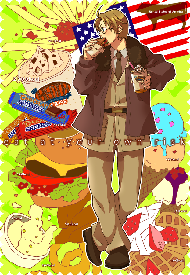 serico (salyut), yamano serika, america (hetalia), axis powers hetalia, bad id, bad pixiv id, commentary, 00s, 1boy, ahoge, american flag, blonde hair, bomber jacket, burger, candy, chocolate, chocolate bar, cow, eating, flag, food, french fries, fruit, glasses, ice cream, ice cream cone, jacket, male focus, mashed potatoes, military, military uniform, onion rings, solo, strawberry, united states, waffle