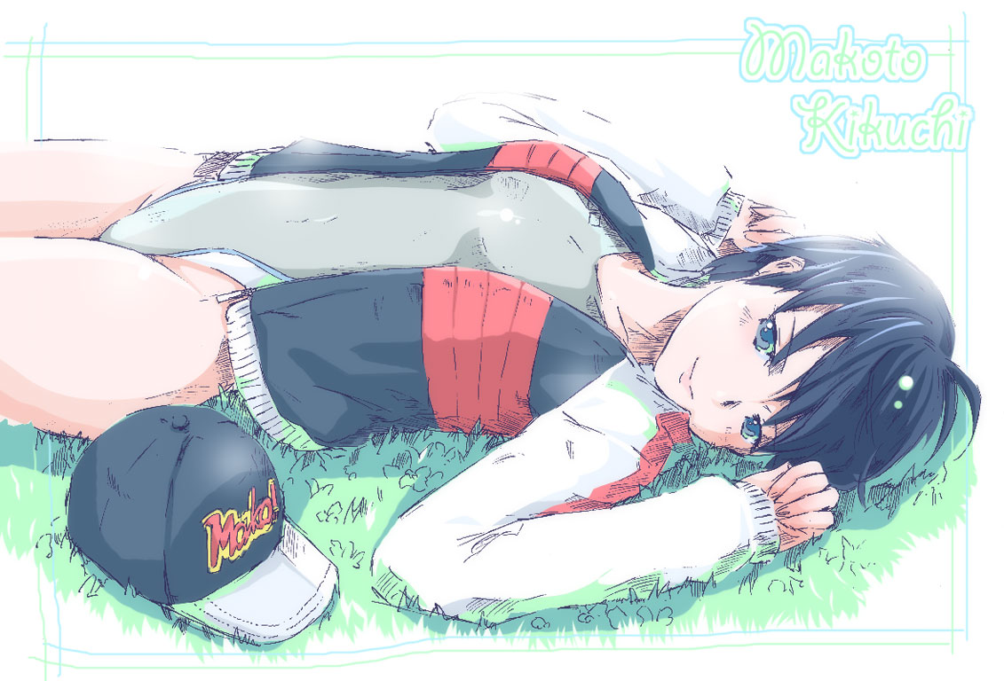 mayo riyo, kikuchi makoto, arena (company), idolmaster, idolmaster (classic), bad id, bad pixiv id, 00s, 1girl, antenna hair, baseball cap, black hair, blue eyes, competition swimsuit, female focus, flat chest, grass, hat, highleg, highleg one-piece swimsuit, jacket, lying, on back, one-piece swimsuit, open clothes, open jacket, short hair, solo, swimsuit, swimsuit under clothes