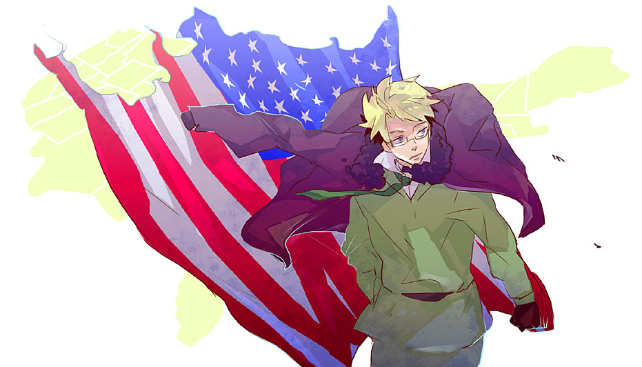 moni0608, america (hetalia), axis powers hetalia, bad id, bad pixiv id, 00s, 1boy, american flag, blonde hair, blue eyes, bomber jacket, flag, glasses, jacket, male focus, military, military uniform, necktie, short hair, solo, united states