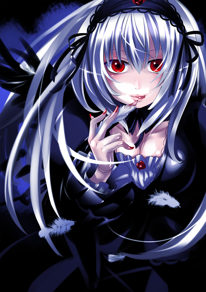 caffein, suigintou, rozen maiden, silver hair, 00s, doll joints, feathers, joints, naughty face, red eyes, solo