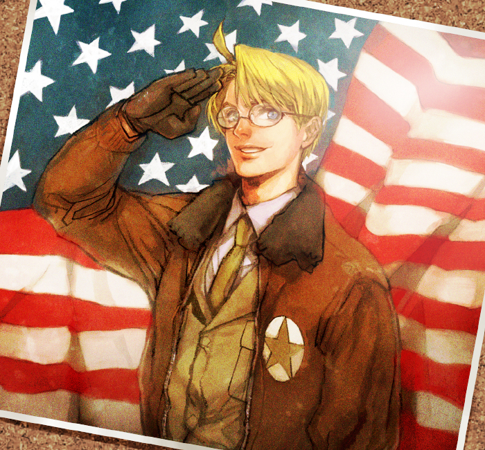 yurizuka (sergeant heart), america (hetalia), axis powers hetalia, photo (medium), 00s, 1boy, ahoge, american flag, blonde hair, blue eyes, bomber jacket, flag, glasses, gloves, jacket, male focus, military, military uniform, necktie, photo (object), salute, short hair, smile, solo, star (symbol), united states