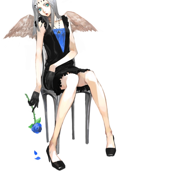 v8, original, 1girl, angel, black gloves, blue flower, blue rose, dress, female focus, flower, gloves, green eyes, grey hair, high heels, jewelry, necklace, rose, shoes, sitting, solo, wings