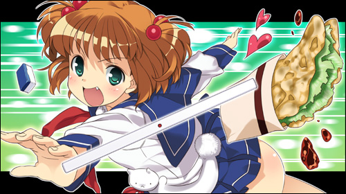 mizuki makoto, kataoka yuuki, saki (manga), lowres, 00s, 1girl, board game, female focus, mahjong, school uniform, serafuku, solo, taco, two side up