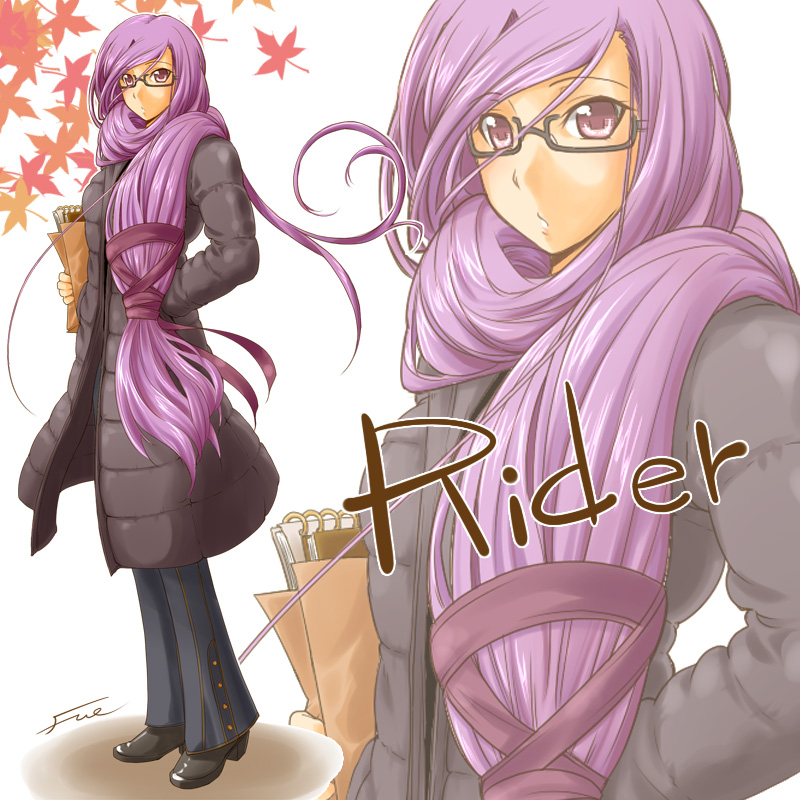 fue (rhomphair), medusa (fate), medusa (rider) (fate), fate/stay night, fate (series), 00s, 1girl, bag, boots, casual, coat, female focus, glasses, hair over shoulder, hairdressing, hand in pocket, leaf, long coat, long hair, looking at viewer, low-tied long hair, notebook, pants, paper bag, purple eyes, purple hair, semi-rimless eyewear, signature, solo, square pupils, very long hair, winter clothes, winter coat, zoom layer