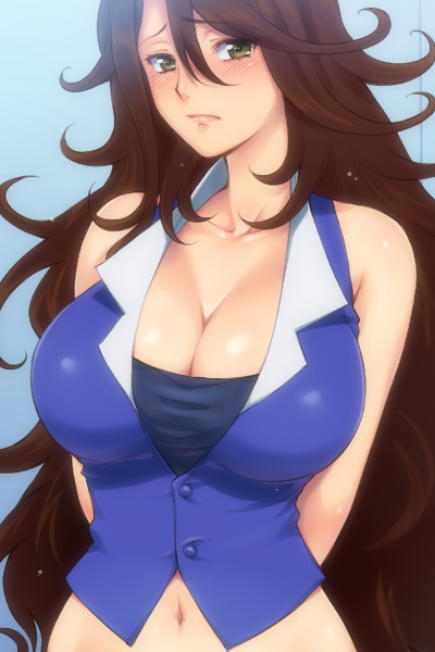 hairu, sumeragi lee noriega, gundam, gundam 00, 00s, 1girl, arms behind back, bare shoulders, blush, breasts, brown hair, cleavage, female focus, huge breasts, lips, long hair, navel, solo, yellow eyes