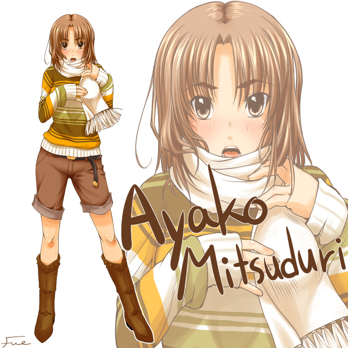 fue (rhomphair), mitsuzuri ayako, fate/stay night, fate (series), 00s, 1girl, artist name, blush, boots, brown hair, casual, character name, character signature, female focus, kunreishiki, open mouth, romaji text, scarf, shorts, signature, solo, sweater, zoom layer