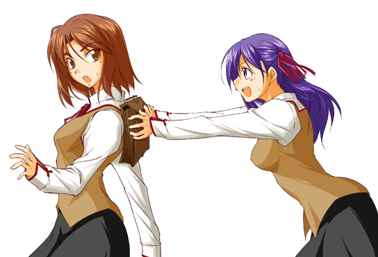 fue (rhomphair), matou sakura, mitsuzuri ayako, fate/stay night, fate (series), 00s, brown hair, homurabara academy school uniform, purple hair, ribbon, school uniform