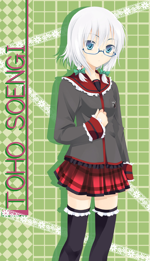 ogami kazuki, izayoi sakuya, touhou, plaid, bad id, bad pixiv id, 1girl, alternate costume, bespectacled, blue-framed eyewear, female focus, glasses, school uniform, skirt, solo, thighhighs, white hair, zettai ryouiki