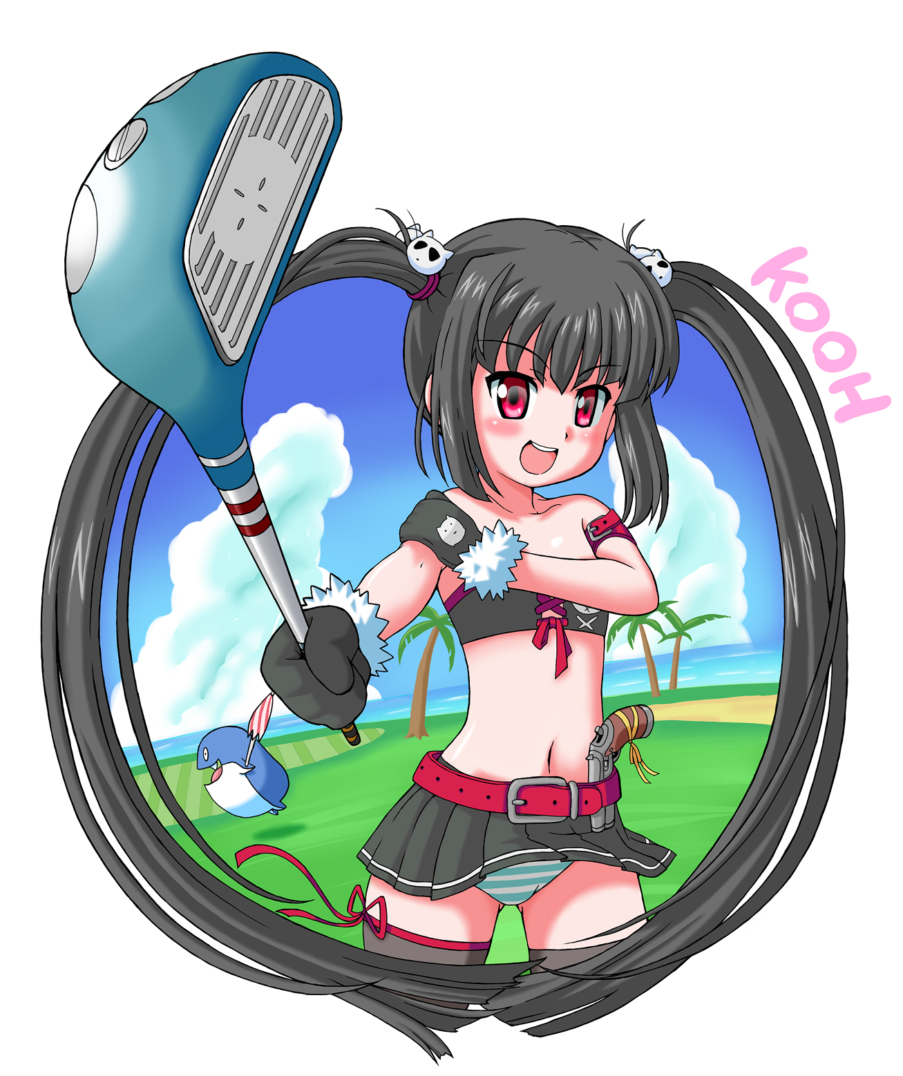 ki (adotadot), dolfini (pangya), kooh (pangya), pangya, bad id, bad pixiv id, highres, black hair, golf club, gun, loli, long hair, panties, pantyshot, red eyes, skirt, solo, striped clothes, striped panties, thighhighs, twintails, umbrella, underwear, weapon, zettai ryouiki