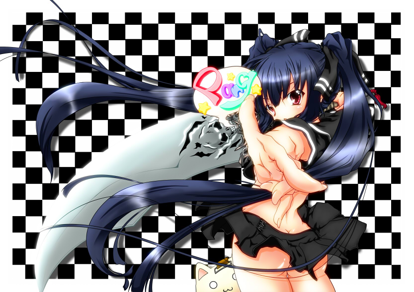 harushioto, haruyonoto, kooh (pangya), pangya, :3, ass, black hair, circle skirt, hair ribbon, long hair, no panties, o o, red eyes, ribbon, skirt, solo, sword, twintails, weapon