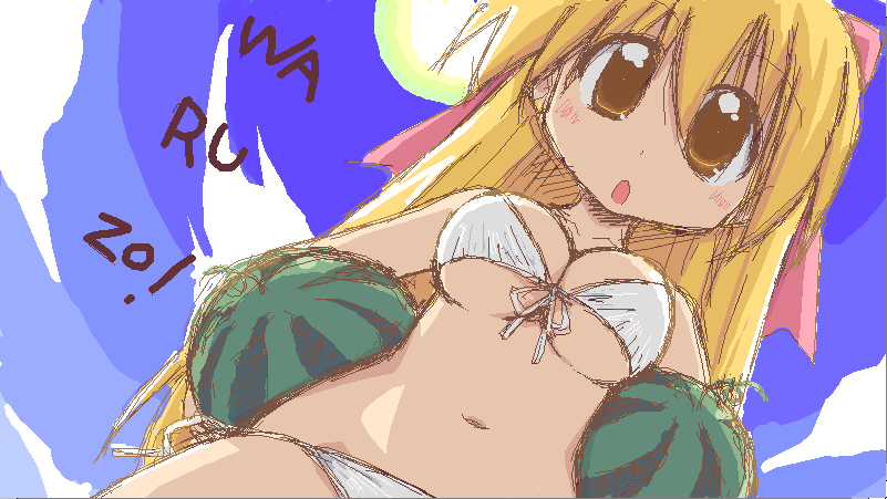 yoshida akihito, shiratori suzune, pani poni dash!, 00s, 1girl, bikini, blonde hair, brown eyes, female focus, food, from below, fruit, holding, holding food, holding fruit, holding watermelon, solo, swimsuit, watermelon, white bikini