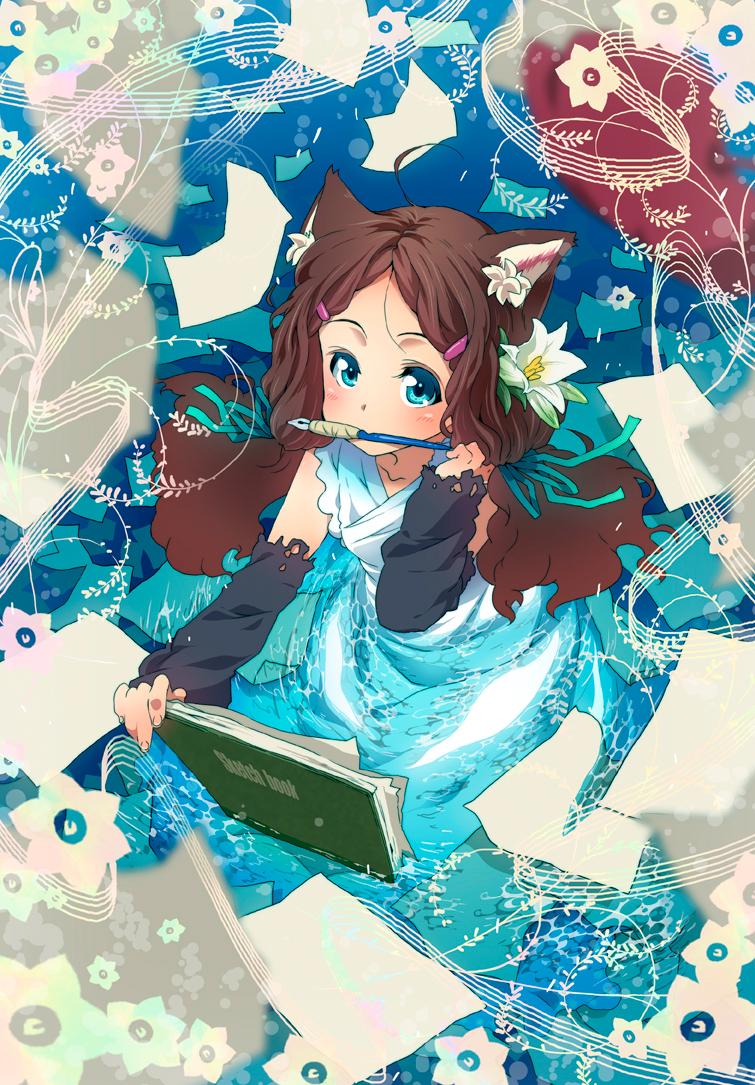 takanashi ringo, original, 1girl, ahoge, animal ears, blue eyes, brown hair, cat ears, detached sleeves, female focus, flower, hair flower, hair ornament, long hair, mouth hold, musical staff, nib pen (object), pen, sheet music, sketchbook, solo