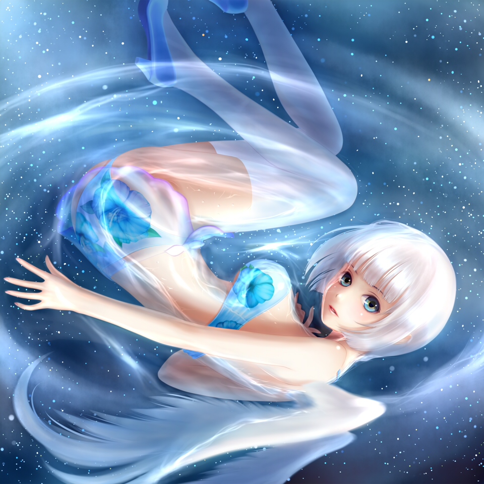 yori, yori (shitsuon), arin (pangya), pangya, 1girl, alternate hairstyle, angel, angel wings, bikini, bikini top only, blue eyes, female focus, garter belt, garter straps, lips, short hair, solo, star (symbol), swimsuit, thighhighs, water, white hair, white thighhighs, wings