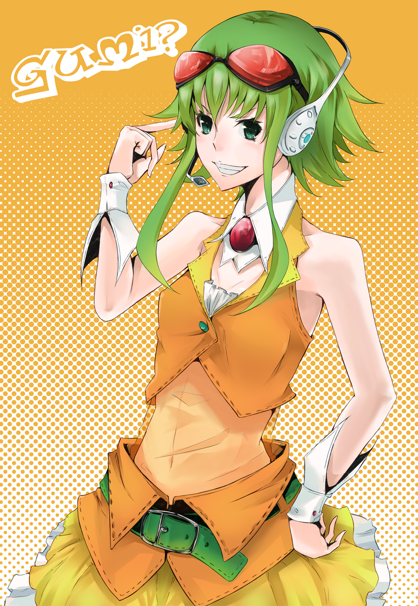 mille (dieci), mirre, gumi, vocaloid, highres, 1girl, female focus, goggles, green eyes, green hair, headset, matching hair/eyes, short hair with long locks, solo, wrist cuffs
