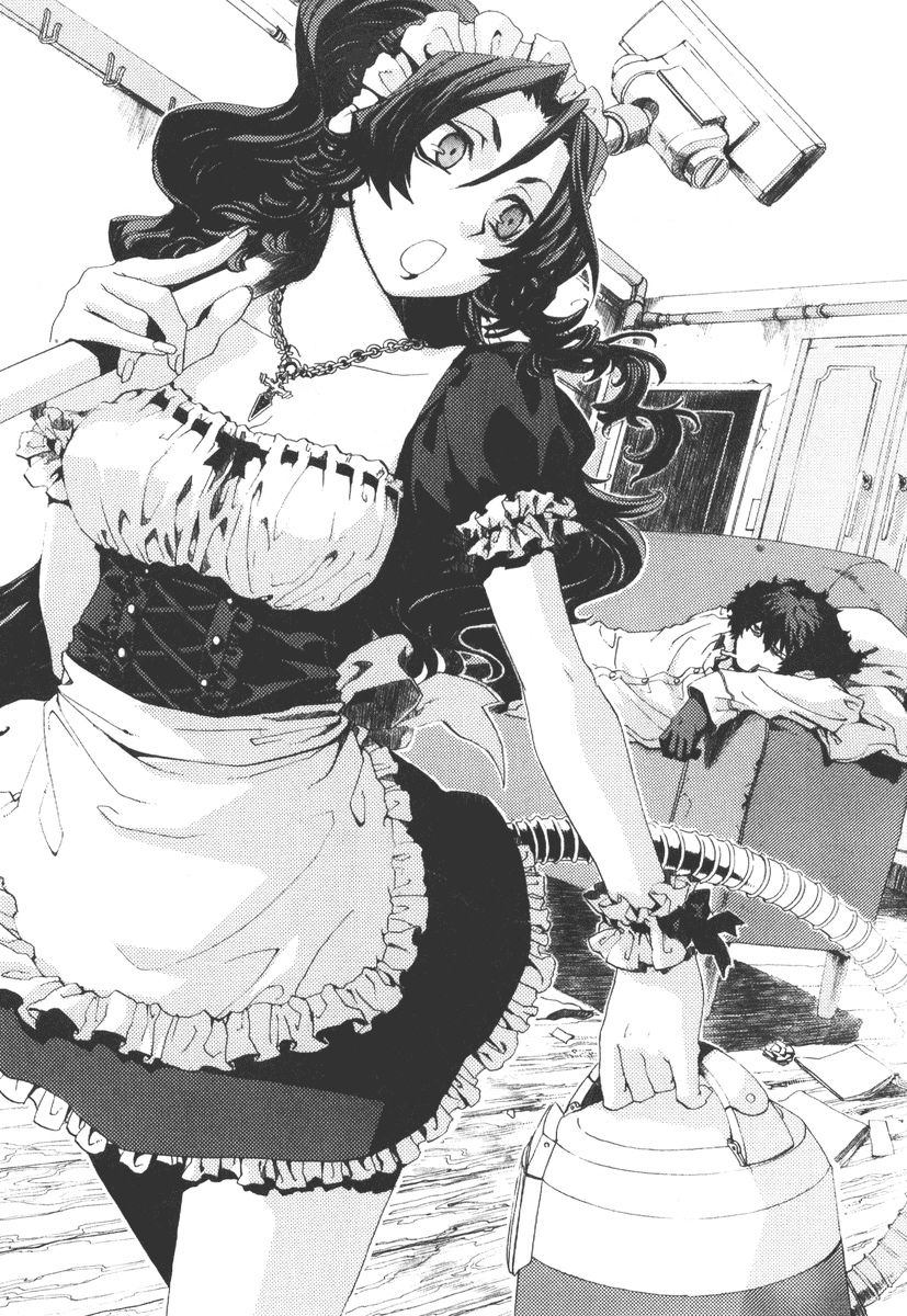 miyuu, alsheyra almonise, lintence savoleid harden, koukaku no regios, highres, 1boy, 1girl, couch, dutch angle, gloves, greyscale, jewelry, maid, monochrome, necklace, vacuum cleaner