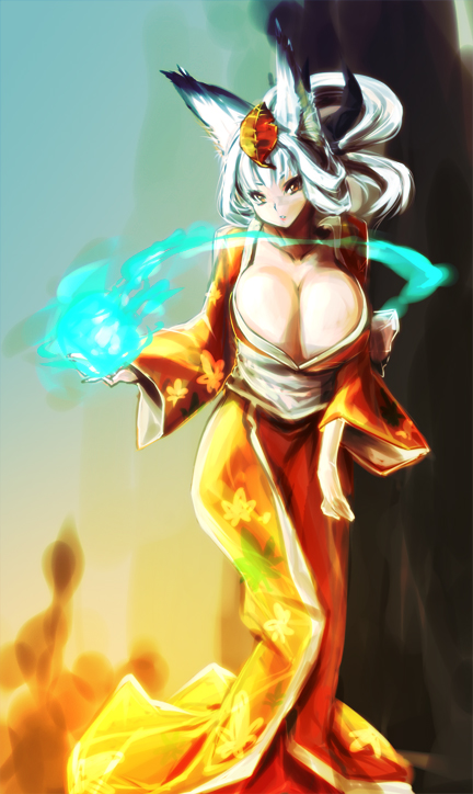 nekomamire, inari, kongiku, oboro muramasa, 1girl, animal ears, breasts, brown eyes, cleavage, collarbone, female focus, fire, fox ears, hair up, hitodama, huge breasts, japanese clothes, kimono, kitsune, leaf, leaf on head, long hair, no bra, object on head, orange eyes, sketch, solo, white hair, yellow eyes