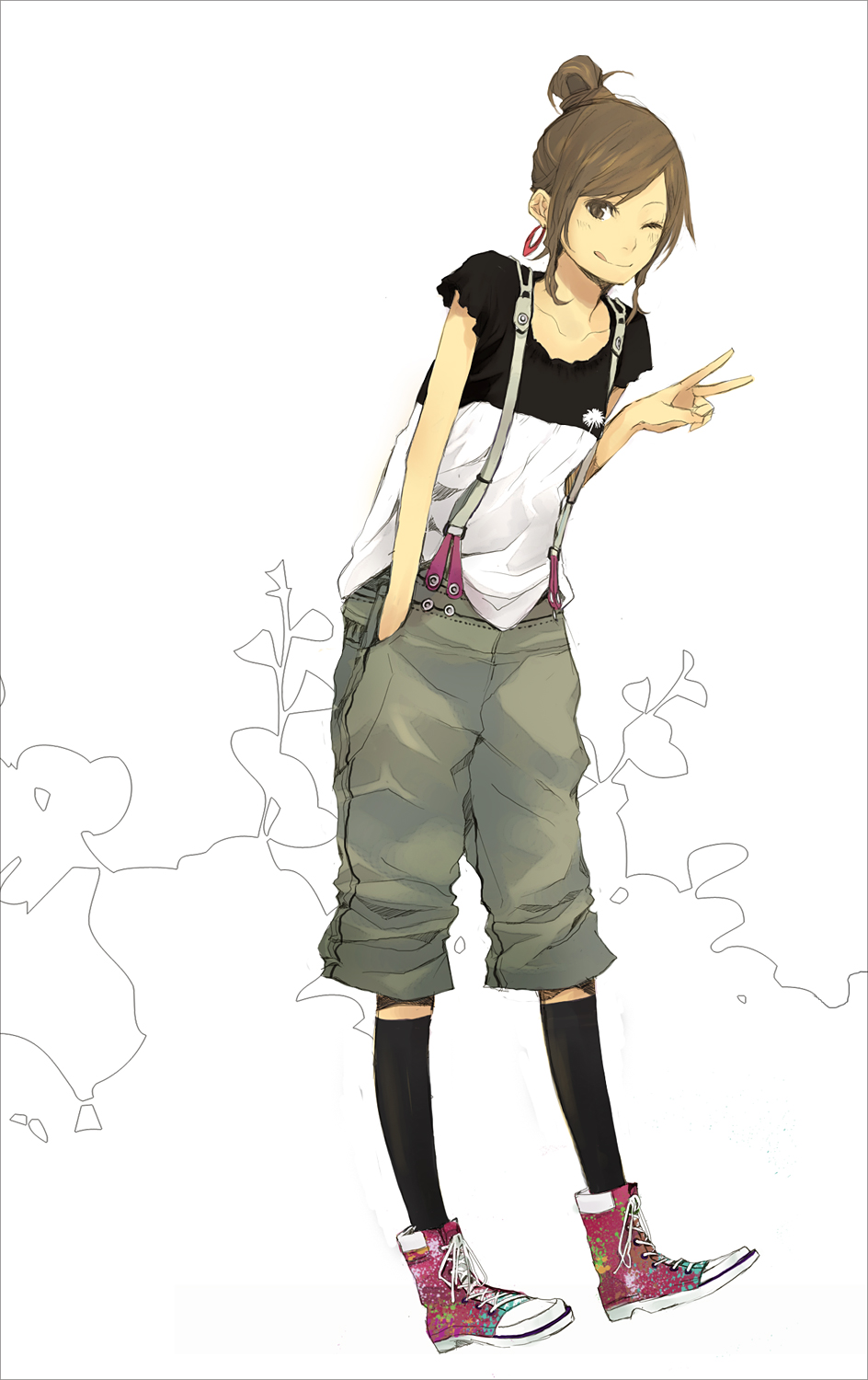 yoshito, original, bad id, bad pixiv id, highres, textless version, 1girl, :p, ;q, black socks, brown eyes, brown hair, female focus, full body, hair bun, high tops, kneehighs, one eye closed, ponytail, purple shoes, shoes, shorts, simple background, single hair bun, sneakers, socks, solo, standing, suspenders, tongue, tongue out, v, white background, wink