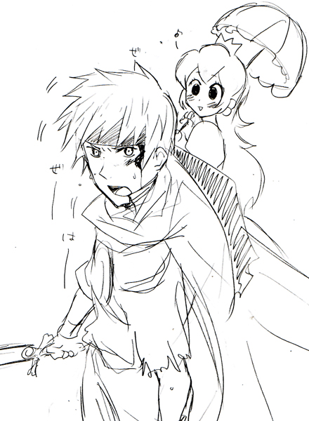 ike (fire emblem), princess peach, fire emblem, fire emblem: path of radiance, mario (series), nintendo, super smash bros., 1boy, 1girl, blood, cape, crown, gloves, greyscale, headband, long hair, monochrome, simple background, smile, sword, umbrella, weapon