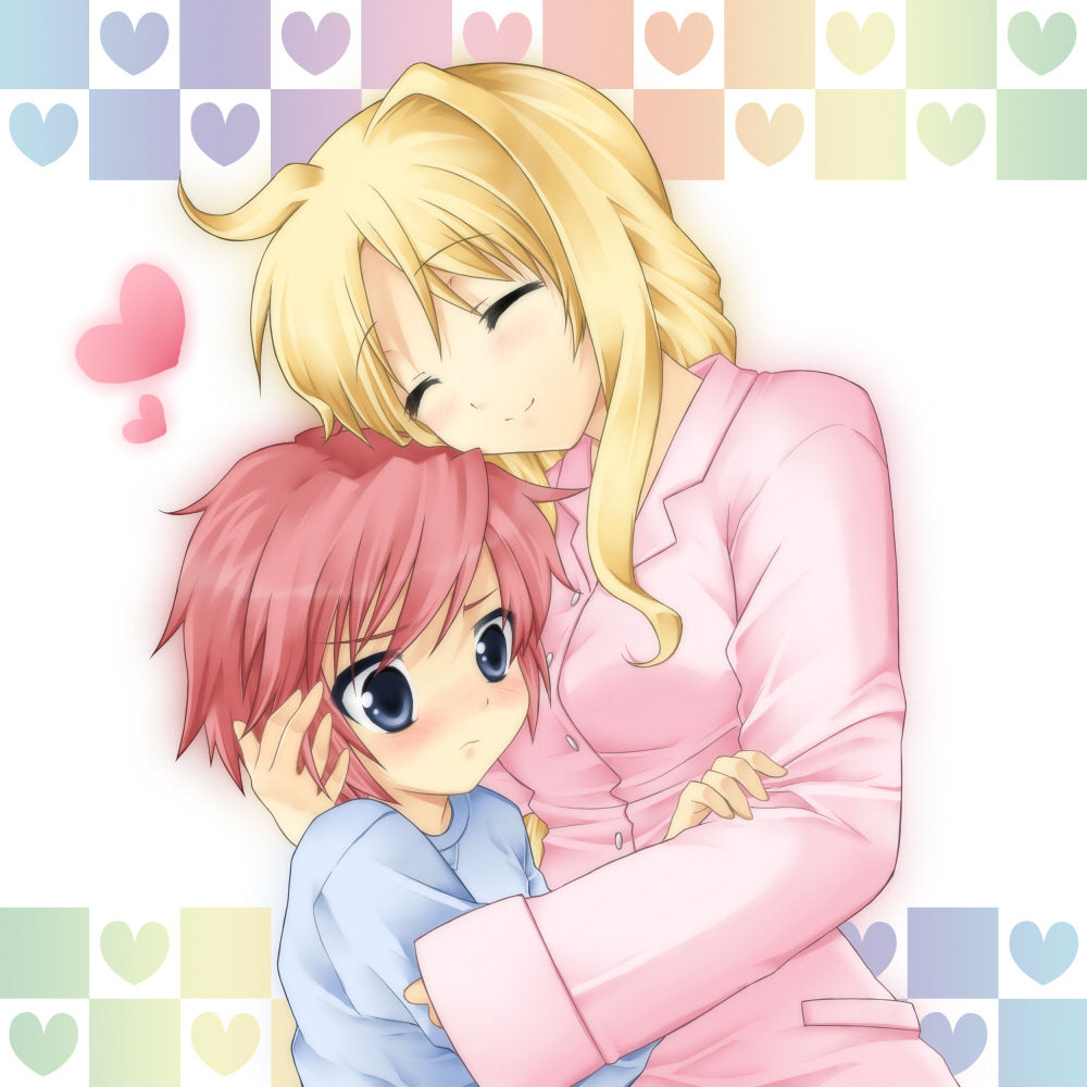 467 (artist), erio mondial, fate testarossa, lyrical nanoha, mahou shoujo lyrical nanoha, mahou shoujo lyrical nanoha strikers, bad id, bad pixiv id, 00s, 1boy, 1girl, blonde hair, blush, closed eyes, heart, hetero, hug, rainbow background, smile