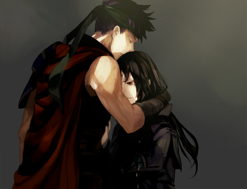 kawwa, ike (fire emblem), soren (fire emblem), fire emblem, fire emblem: path of radiance, fire emblem: radiant dawn, nintendo, 2boys, black hair, blue hair, cape, headband, hug, long hair, male focus, multiple boys, red eyes, tears