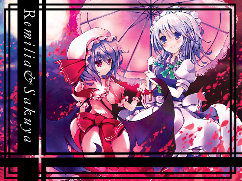 hoshikuzu, izayoi sakuya, remilia scarlet, touhou, light purple hair, silver hair, bad id, 2girls, apron, blue eyes, blush, female focus, hat, hat ribbon, maid, maid apron, mob cap, multiple girls, puffy short sleeves, puffy sleeves, red eyes, ribbon, short hair, short sleeves, standing, umbrella, waist apron