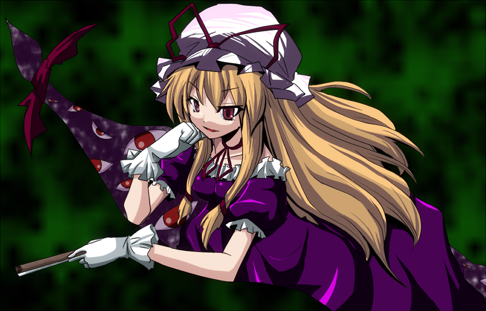 suna (sunaipu), sunaipu, yakumo yukari, touhou, 1girl, blonde hair, female focus, folded fan, folding fan, gap (touhou), gloves, hand fan, hat, long hair, red eyes, solo, white gloves