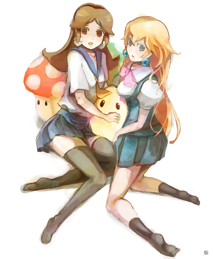 maruna (maru01), princess daisy, princess peach, mario (series), nintendo, super mario land, bad id, bad pixiv id, 1up, 2girls, alternate costume, black thighhighs, blonde hair, blue eyes, brown eyes, brown hair, contemporary, earrings, flipped hair, jewelry, kneeling, long hair, multiple girls, pleated skirt, school uniform, skirt, socks, super mushroom, thighhighs, zettai ryouiki