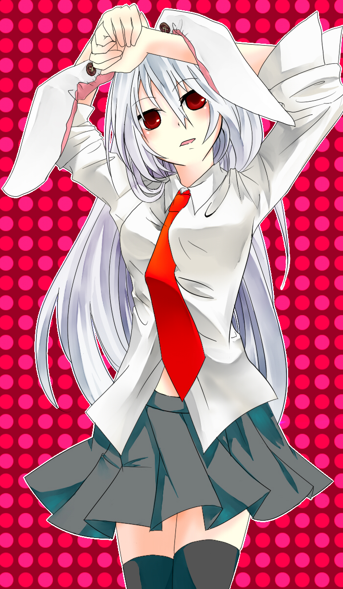 hakyuu, reisen udongein inaba, touhou, highres, 1girl, animal ears, blush, female focus, long hair, necktie, purple hair, rabbit ears, red eyes, red necktie, skirt, solo, thighhighs