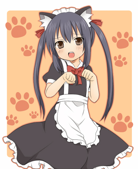 sakeko, nakano azusa, k-on!, 00s, 1girl, alternate costume, animal ears, apron, black hair, blush, brown eyes, cat ears, cat girl, enmaided, female focus, long hair, maid, maid apron, open mouth, paw print, ribbon, skirt, solo, standing, twintails