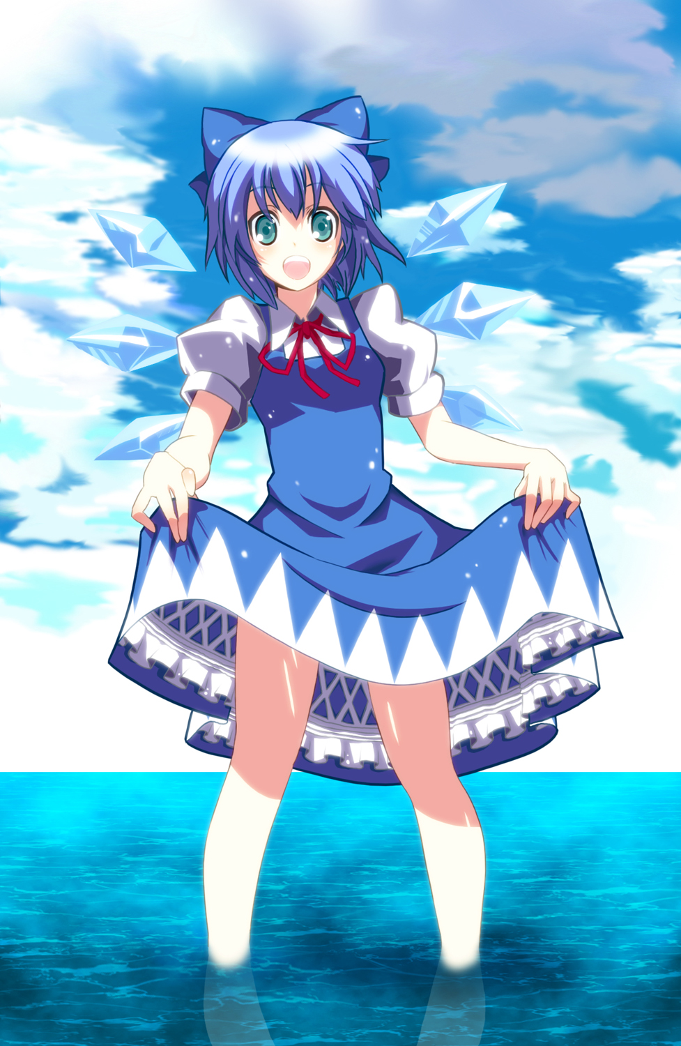 satou samu, cirno, embodiment of scarlet devil, touhou, highres, 1girl, aqua eyes, blue eyes, blue hair, bow, clothes lift, cloud, day, dress, dress lift, female focus, hair bow, legs, matching hair/eyes, neck ribbon, ocean, open mouth, outdoors, petticoat, ribbon, short hair, skirt hold, sky, solo, wading, water, wings