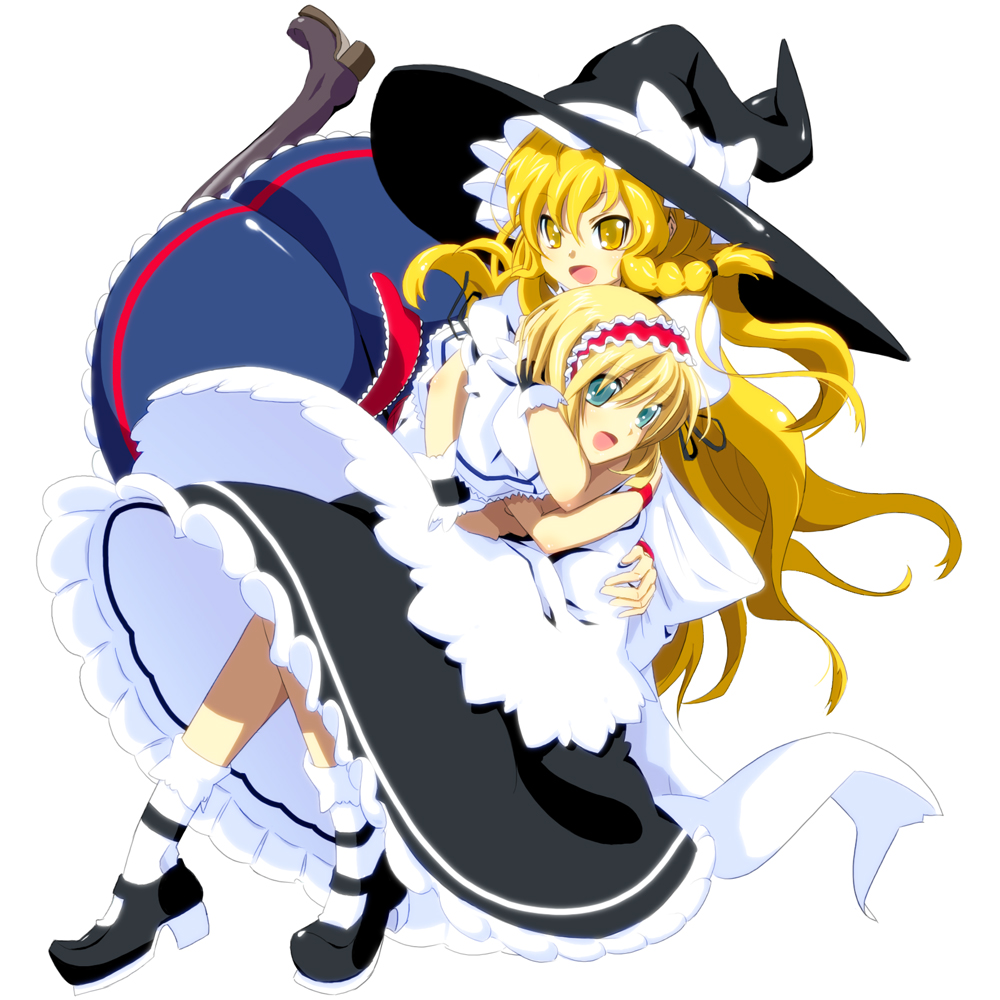 satou samu, alice margatroid, kirisame marisa, touhou, 2girls, blonde hair, blue eyes, braid, female focus, glomp, hairband, hat, hug, multiple girls, open mouth, short hair, smile, witch, witch hat, yellow eyes