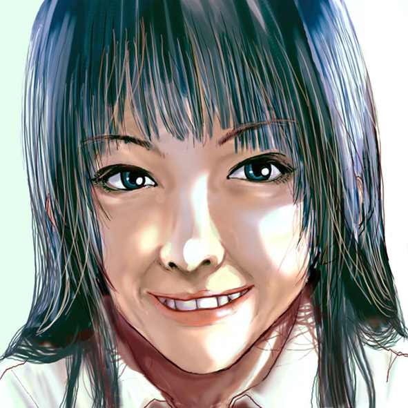 flat-san, akiyama mio, k-on!, 00s, 1girl, black hair, female focus, portrait, realistic, smile, solo, teeth, uncanny valley