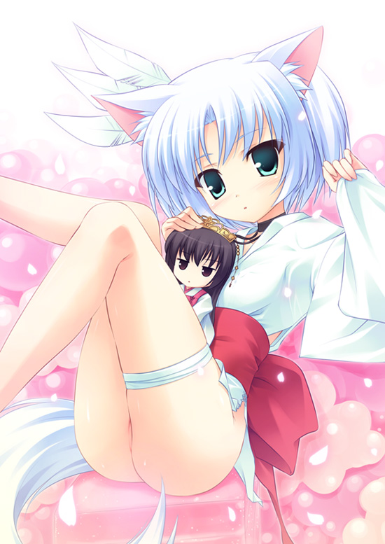 kobuichi, rindou ruri, unohana no sakuyahime, tenshinranman, silver hair, 1girl, animal ears, ass, blue hair, bottomless, character doll, choker, doll, feather hair ornament, feathers, female focus, flat chest, fox ears, green eyes, hair ornament, japanese clothes, leg ribbon, loli, long sleeves, no panties, ribbon, short hair, sitting, sleeves past wrists, solo, tail, thigh ribbon