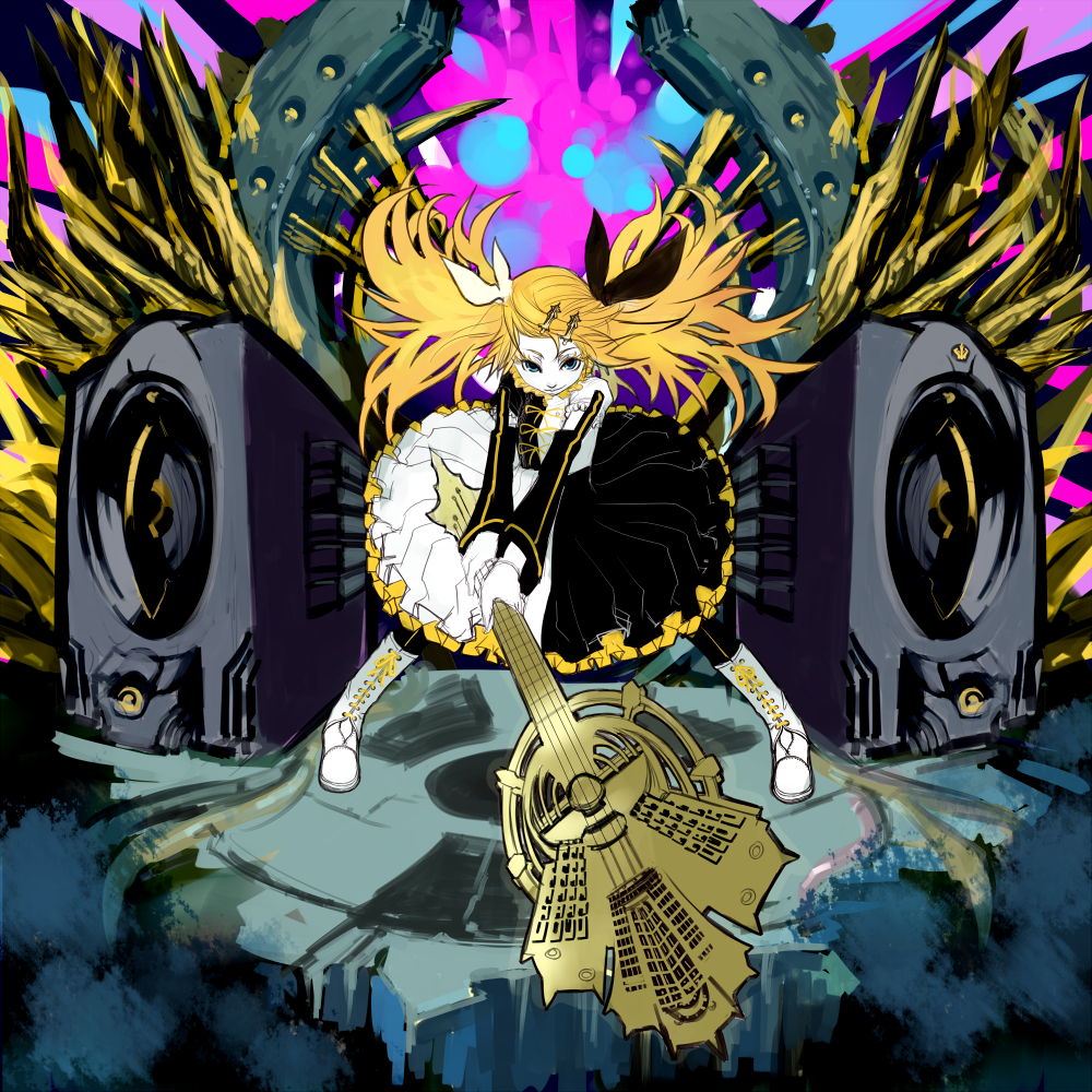 kansou samehada, kagamine rin, kagamine rin (reactor), meltdown, roshin yuukai (vocaloid), vocaloid, bad id, bad pixiv id, alternate hairstyle, bass guitar, blonde hair, blue eyes, boots, guitar, hair ornament, hair ribbon, hairclip, instrument, ribbon, thighhighs, twintails