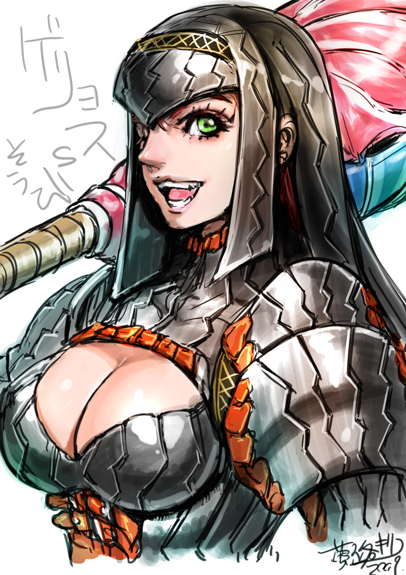 yumeji kiriko, capcom, monster hunter (series), bad id, bad pixiv id, 1girl, armor, breasts, cleavage, cleavage cutout, clothing cutout, female focus, green eyes, gypceros (armor), large breasts, one eye closed, solo, wink