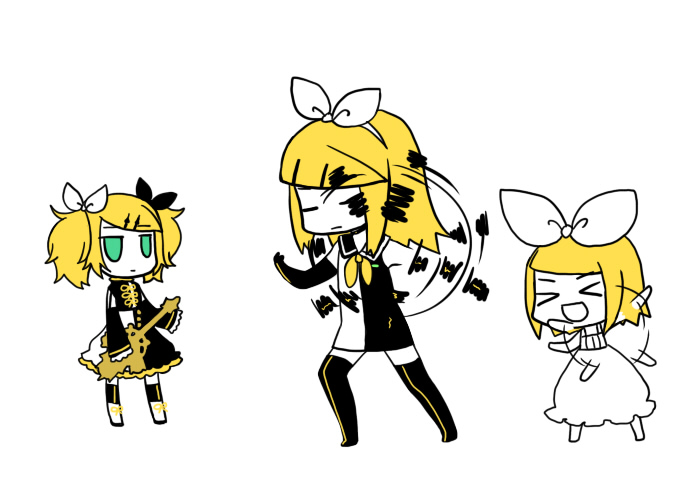 meimone, kagamine rin, kagamine rin (reactor), kagamine rin (roshin yuukai), meltdown, roshin yuukai (vocaloid), vocaloid, bad id, bad pixiv id, > <, 3girls, air guitar, alternate hairstyle, bass guitar, blonde hair, boots, chibi, closed eyes, dress, elbow gloves, gloves, green eyes, guitar, hair ornament, hair ribbon, hairclip, instrument, long hair, multiple girls, multiple persona, ribbon, short hair, simple background, thighhighs, twintails