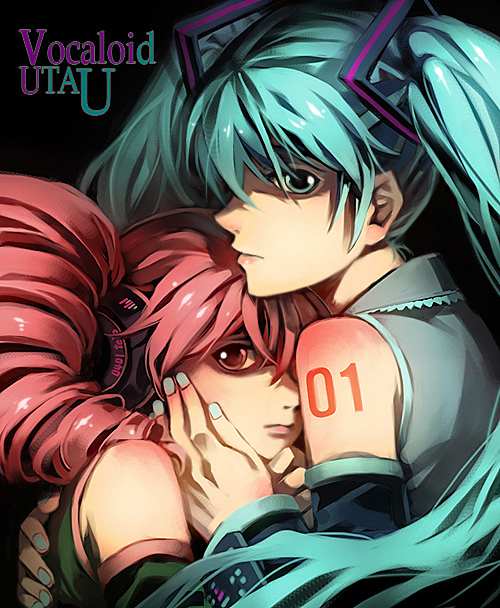 yang (binari), yang (pixiv855834), hatsune miku, kasane teto, kasane teto (utau), utau, vocaloid, bad id, bad pixiv id, 2girls, aqua eyes, aqua hair, crossover, detached sleeves, drill hair, long hair, multiple girls, red eyes, red hair, twin drills, twintails