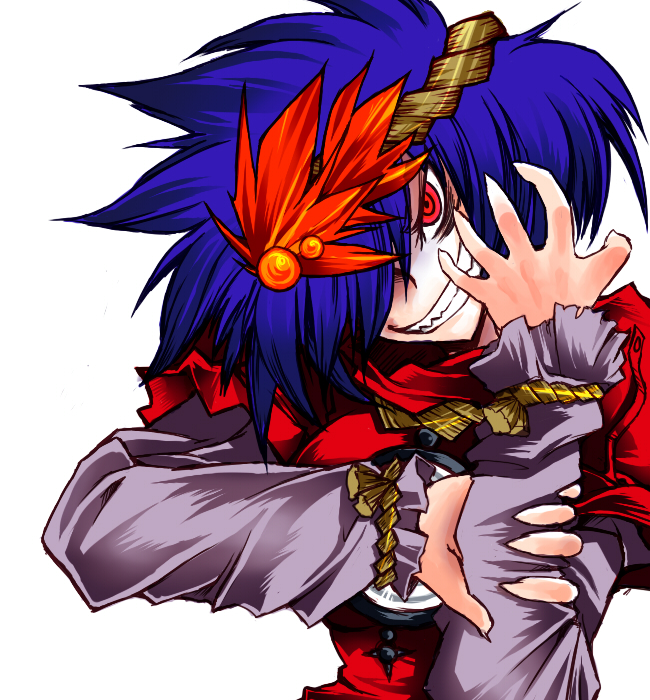 taiti, yasaka kanako, touhou, 1girl, blue hair, evil grin, evil smile, female focus, grin, hair ornament, hairband, leaf, leaf hair ornament, mirror, red eyes, rope, smile, solo