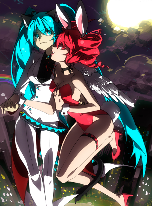 yang (binari), yang (pixiv855834), hatsune miku, kasane teto, kasane teto (utau), utau, vocaloid, bad id, bad pixiv id, 2girls, angel wings, animal ears, aqua eyes, aqua hair, bare legs, crossover, drill hair, fake animal ears, formal clothes, legs, long hair, multiple girls, pant suit, pants, playboy bunny, rabbit ears, rainbow, red eyes, red hair, suit, twin drills, twintails, wings, yuri