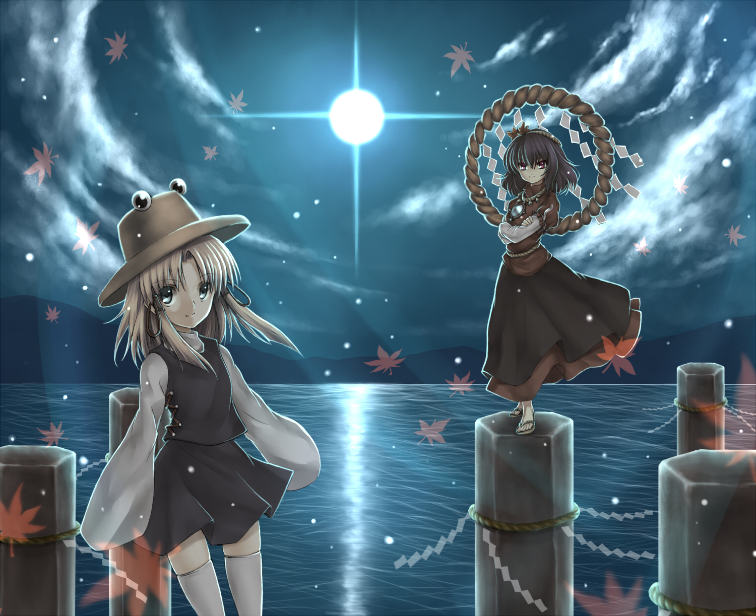 takemori shintarou, moriya suwako, yasaka kanako, touhou, bad id, bad pixiv id, highres, 2girls, blonde hair, blue eyes, female focus, leaf, moon, multiple girls, onbashira, purple hair, red eyes, rope, sandals, shide, shimenawa, thighhighs, water, wind