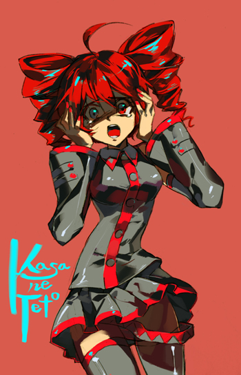 yang (binari), yang (pixiv855834), kasane teto, kasane teto (utau), utau, vocaloid, bad id, bad pixiv id, 1girl, ahoge, detached sleeves, drill hair, female focus, heterochromia, red eyes, red hair, skirt, solo, tears, thighhighs, twin drills, twintails