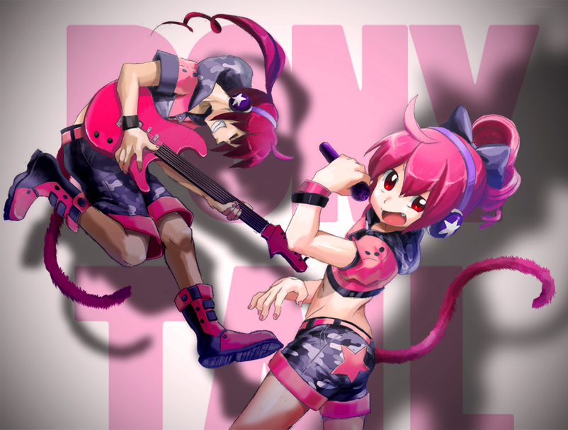 yu@, kasane ted, kasane teto, kasane teto (utau), utau, vocaloid, bad id, bad pixiv id, 1boy, 1girl, ahoge, alternate hairstyle, boots, casual, drill hair, electric guitar, fang, grin, guitar, hair ribbon, instrument, microphone, midriff, necktie, pantyhose, pantyhose under shorts, ponytail, red eyes, red hair, ribbon, shorts, smile, tail, twin drills, twintails