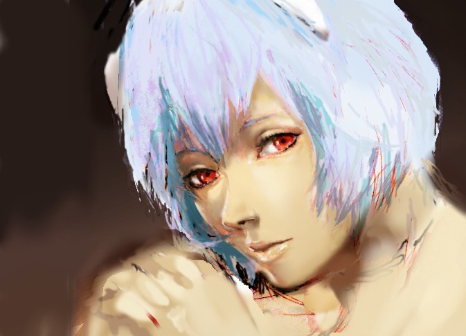 shonimoro, ayanami rei, neon genesis evangelion, bad id, bad pixiv id, 1girl, black background, blue hair, brown background, completely nude, female focus, lips, nose, nude, open mouth, own hands clasped, own hands together, realistic, red eyes, solo, staring
