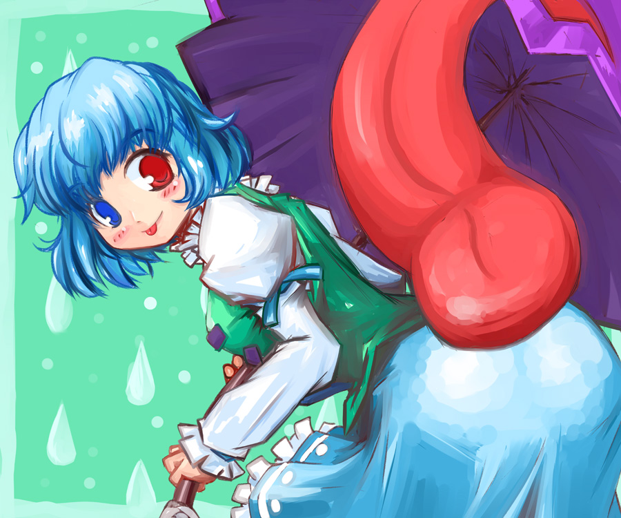 kanoe soushi, tatara kogasa, touhou, bad id, bad pixiv id, 1girl, :p, ass, bent over, blue eyes, blue hair, female focus, heterochromia, karakasa obake, red eyes, short hair, solo, standing, tongue, tongue out, umbrella