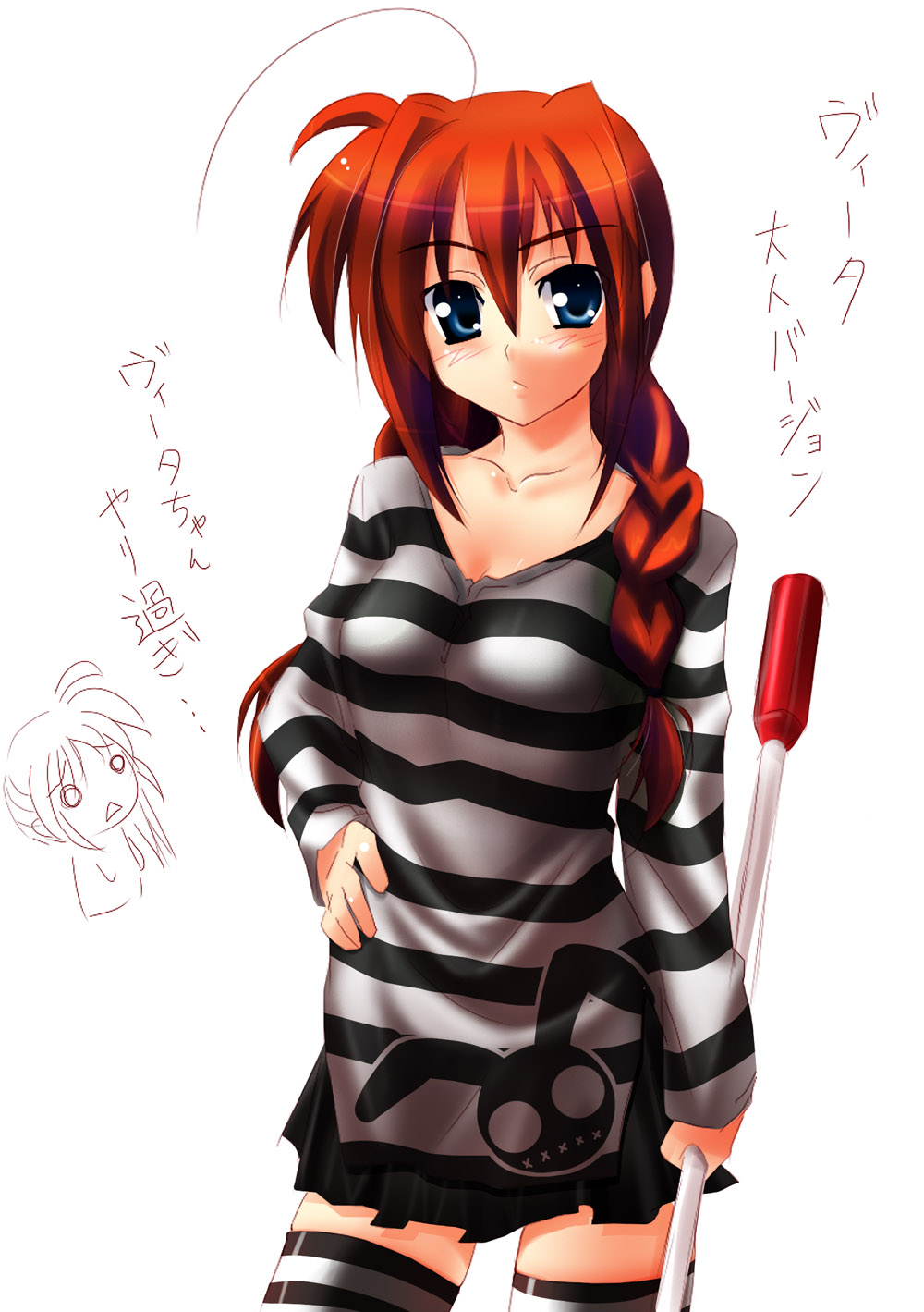 iga tamaki, graf eisen, vita (nanoha), lyrical nanoha, mahou shoujo lyrical nanoha, mahou shoujo lyrical nanoha a's, mahou shoujo lyrical nanoha strikers, highres, translated, 00s, 1girl, aged up, ahoge, blue eyes, braid, female focus, patterned legwear, red hair, shirt, skirt, solo, striped clothes, striped shirt, striped thighhighs, thighhighs, twin braids, two-tone stripes, zettai ryouiki