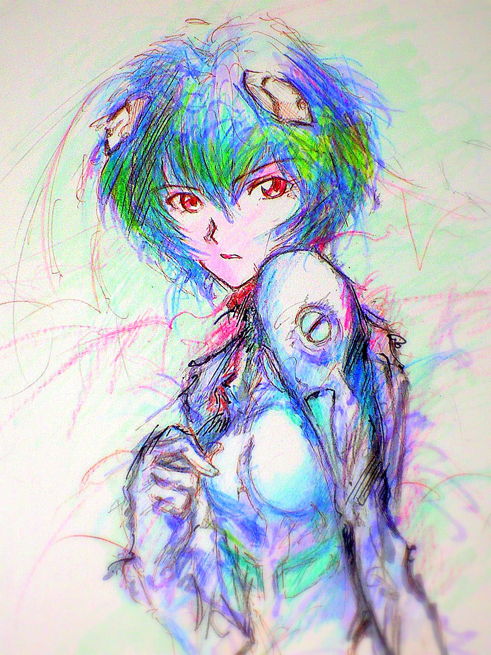 amaoto, ayanami rei, neon genesis evangelion, highres, painting (medium), traditional media, watercolor (medium), 1girl, blue hair, female focus, hair ornament, hairclip, mecha pilot suit, open mouth, plugsuit (evangelion), red eyes, short hair, solo, staring