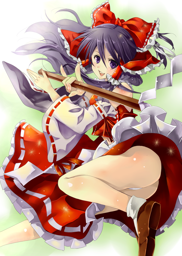 platinumcorundum, hakurei reimu, touhou, bad id, bad pixiv id, 1girl, ass, black hair, detached sleeves, female focus, gohei, gradient background, hair ribbon, long hair, panties, ribbon, solo, underwear, white background