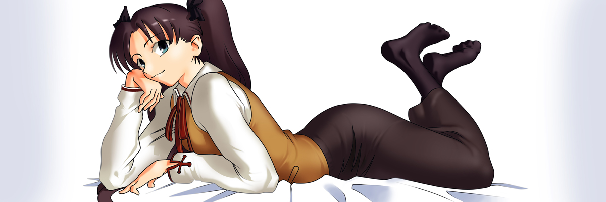 ilya kuvshinov, tohsaka rin, fate/stay night, fate (series), non-web source, 00s, 1girl, arm support, black hair, blue eyes, dakimakura (medium), feet, female focus, full body, homurabara academy school uniform, lying, on stomach, pantyhose, ribbon, school uniform, socks, solo, twintails, two side up